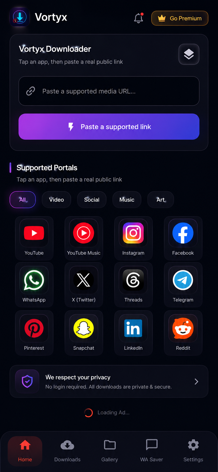 Vortyx Home Screen Dark Mode